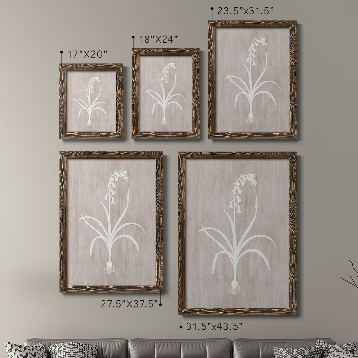 Size comparison chart for a set of two walnut barnwood framed canvas prints.