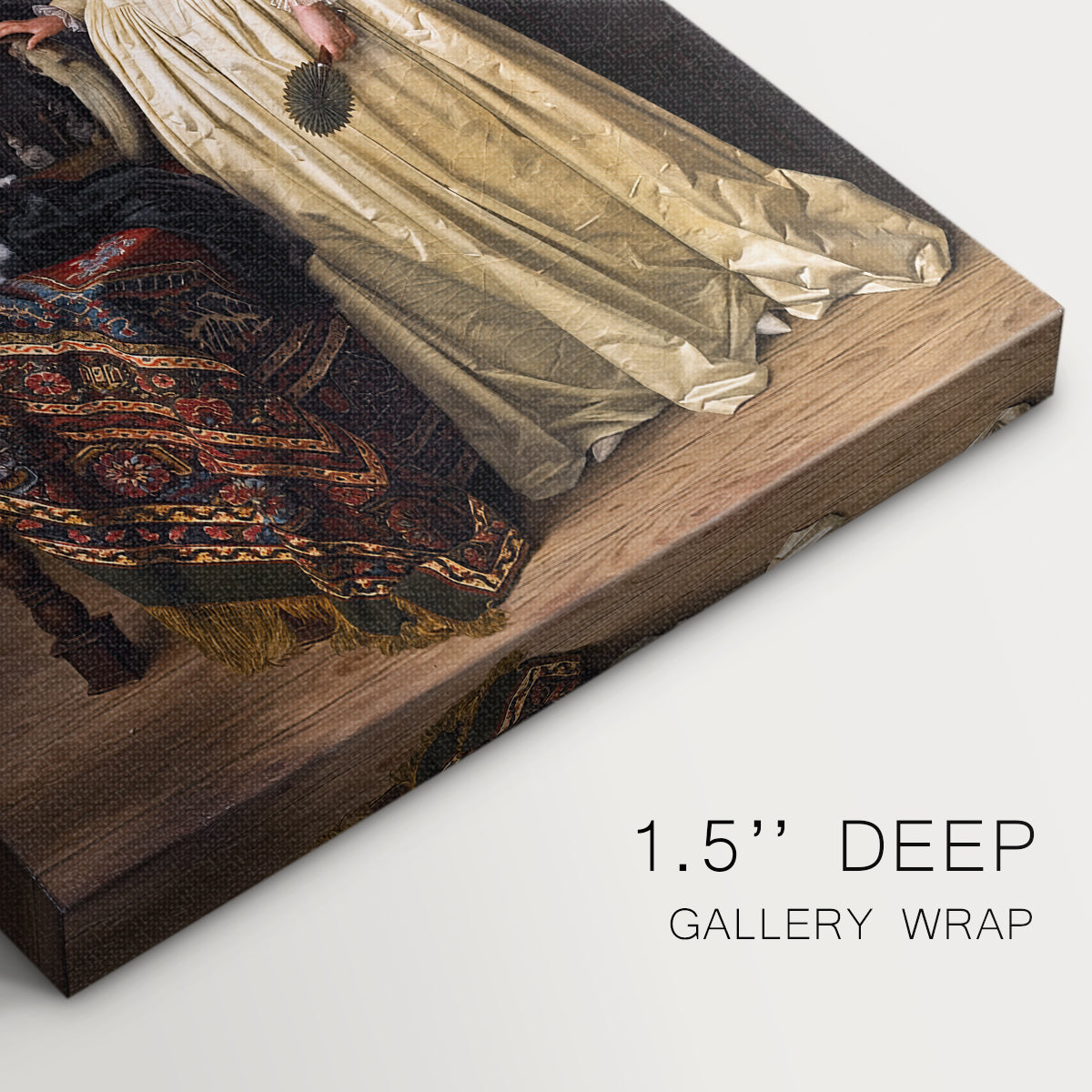 Close-up of a gallery-wrapped canvas corner showing a gentle composition with a woman and pet, highlighting texture and print detail.