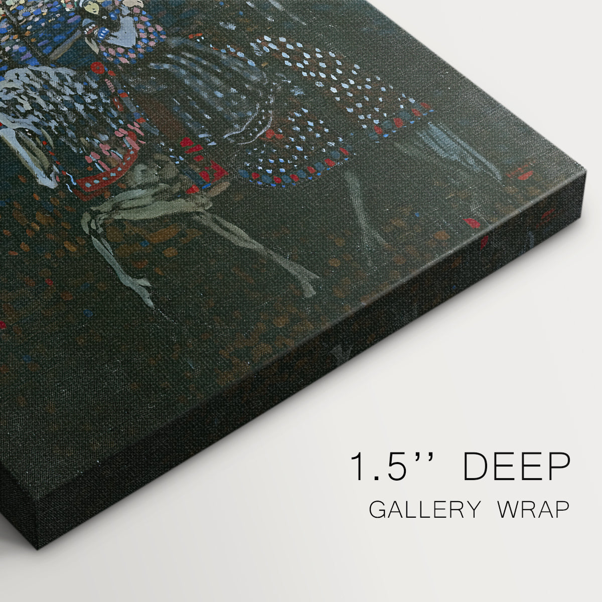 Close-up of a gallery-wrapped canvas corner showing a dynamic scene with soft edges and color flow, highlighting texture and print detail.