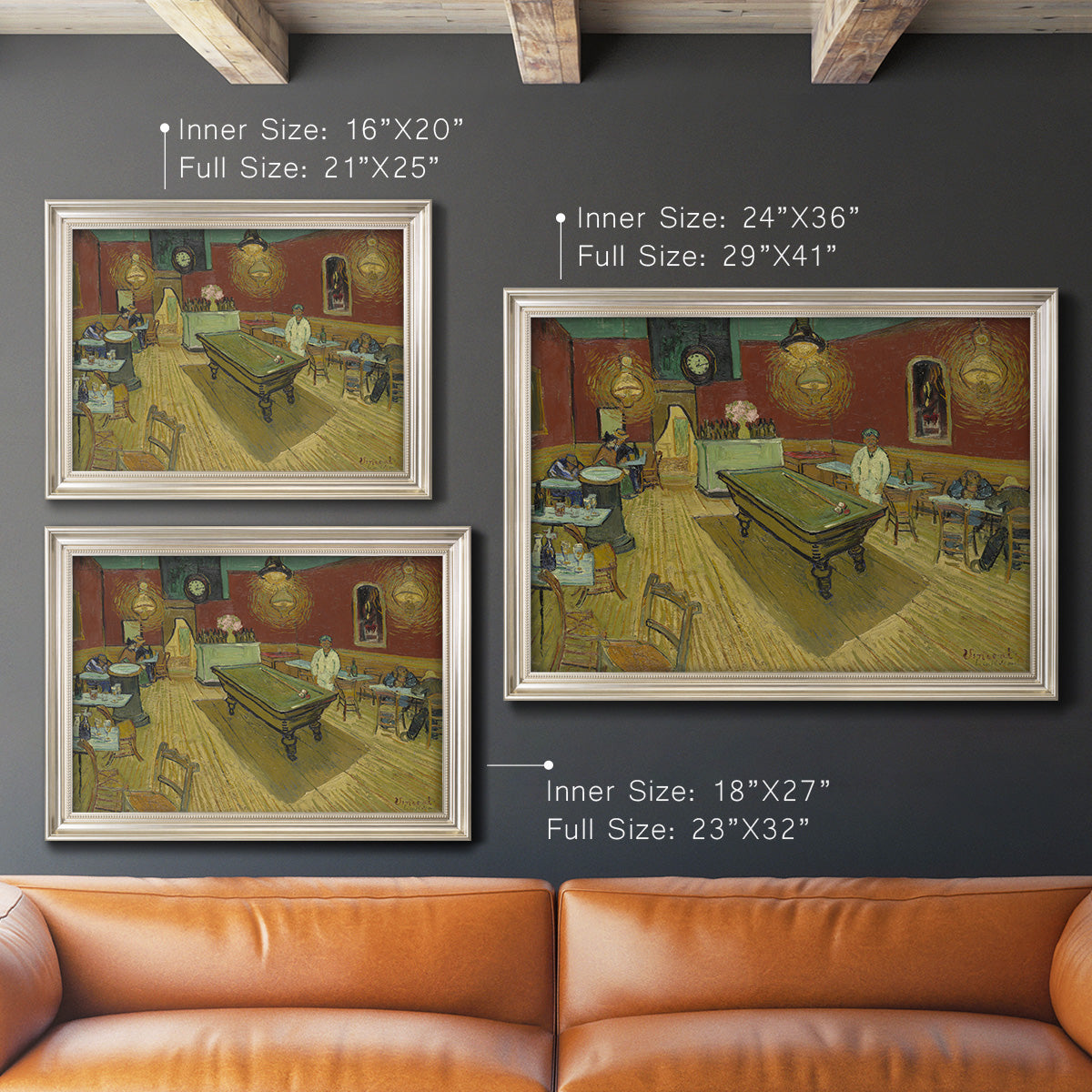 Impressionist interior of a night café by Vincent van Gogh in an ornate champagne frame shown in multiple size options.