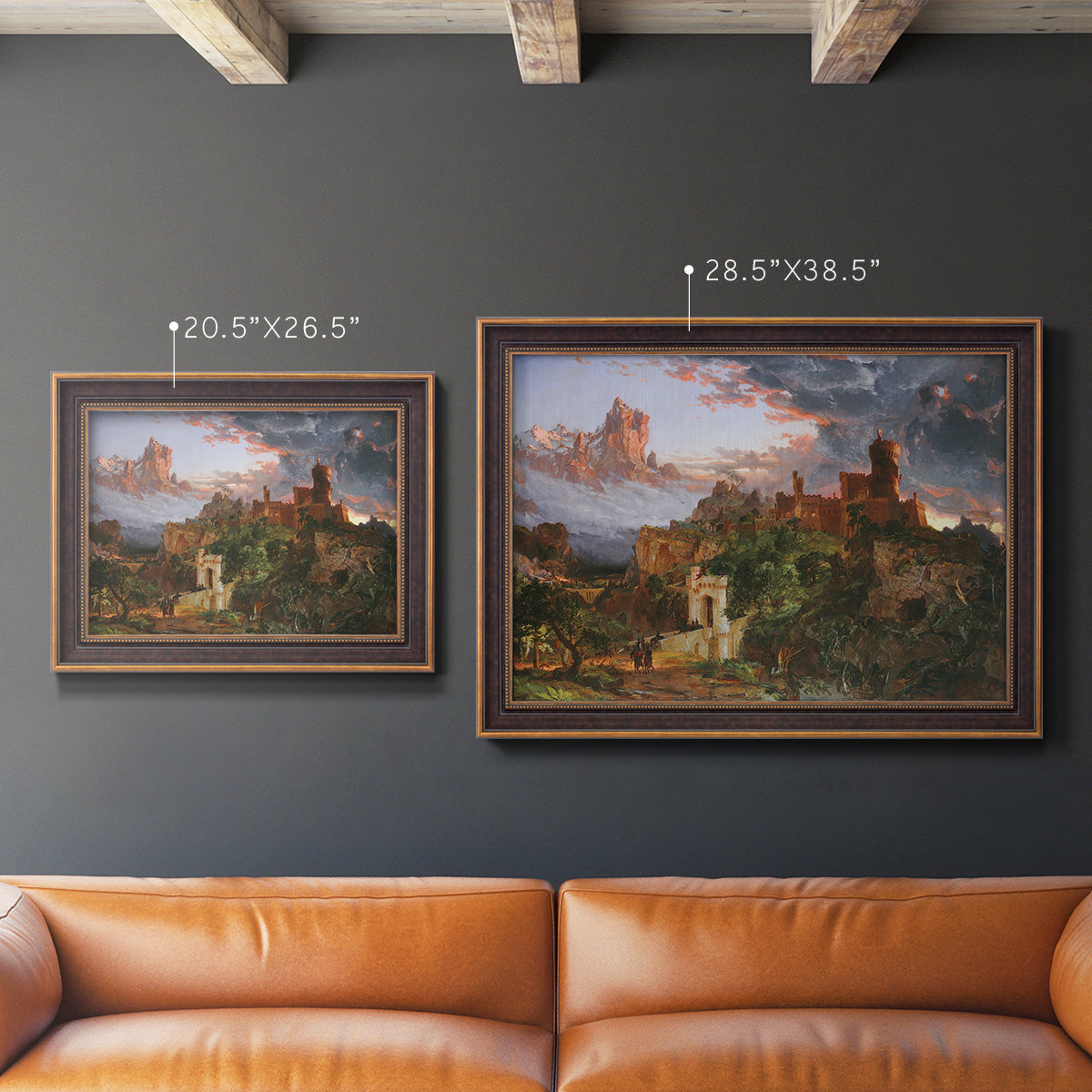 Romantic allegorical landscape painting by Jasper Francis Cropsey in an ornate bronzed mahogany wood frame shown in multiple size options.