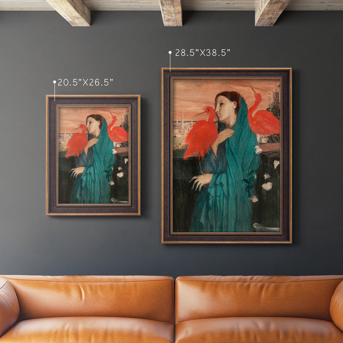 Impressionist portrait of a young woman with an ibis by Edgar Degas in an ornate bronzed mahogany wood frame shown in multiple vertical size options.