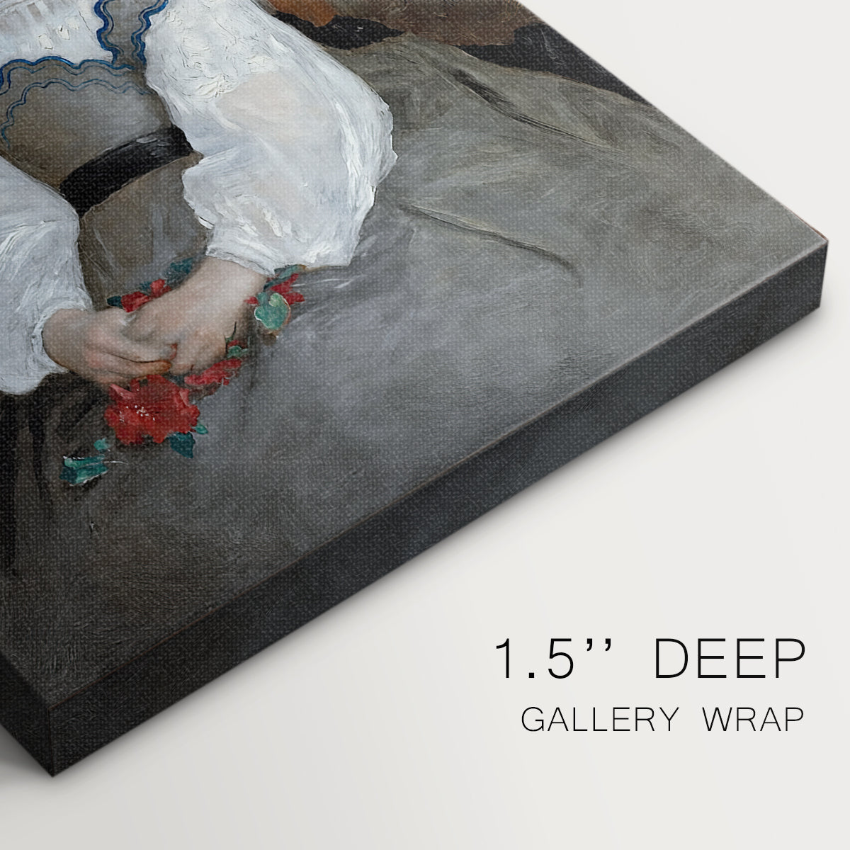 Close-up of a gallery-wrapped canvas corner showing a delicate portrait with light tones and simple composition, highlighting texture and print detail.