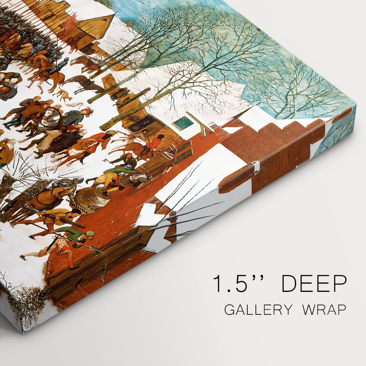 Canvas art print of a chaotic village scene with soldiers attacking civilians in winter setting, highlighting texture and gallery-wrapped edges