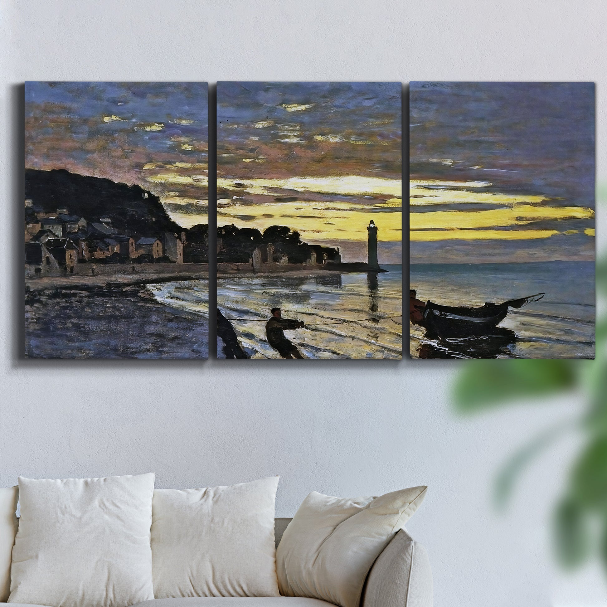 Three-panel canvas wall art featuring river at dusk with fading light, displayed in a living room above a sofa.