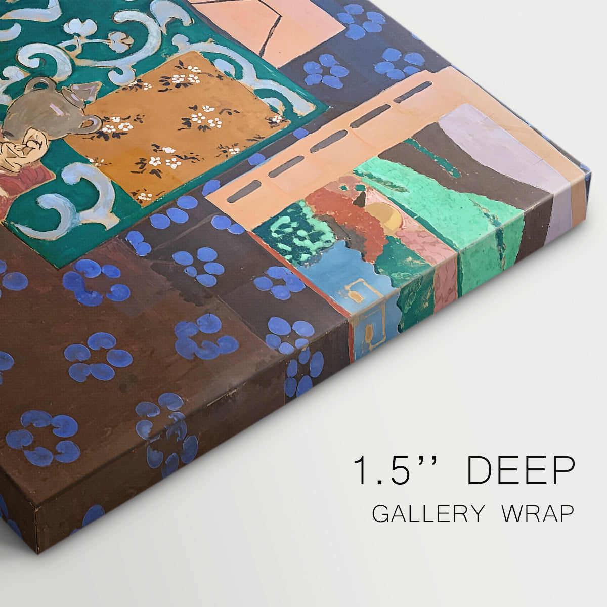 Canvas art print of a colorful interior with table, aubergines, and richly patterned surfaces, highlighting texture and gallery-wrapped edges