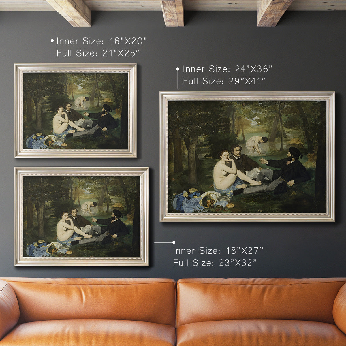 Groundbreaking impressionist picnic scene by Édouard Manet in an ornate champagne frame shown in multiple size options.