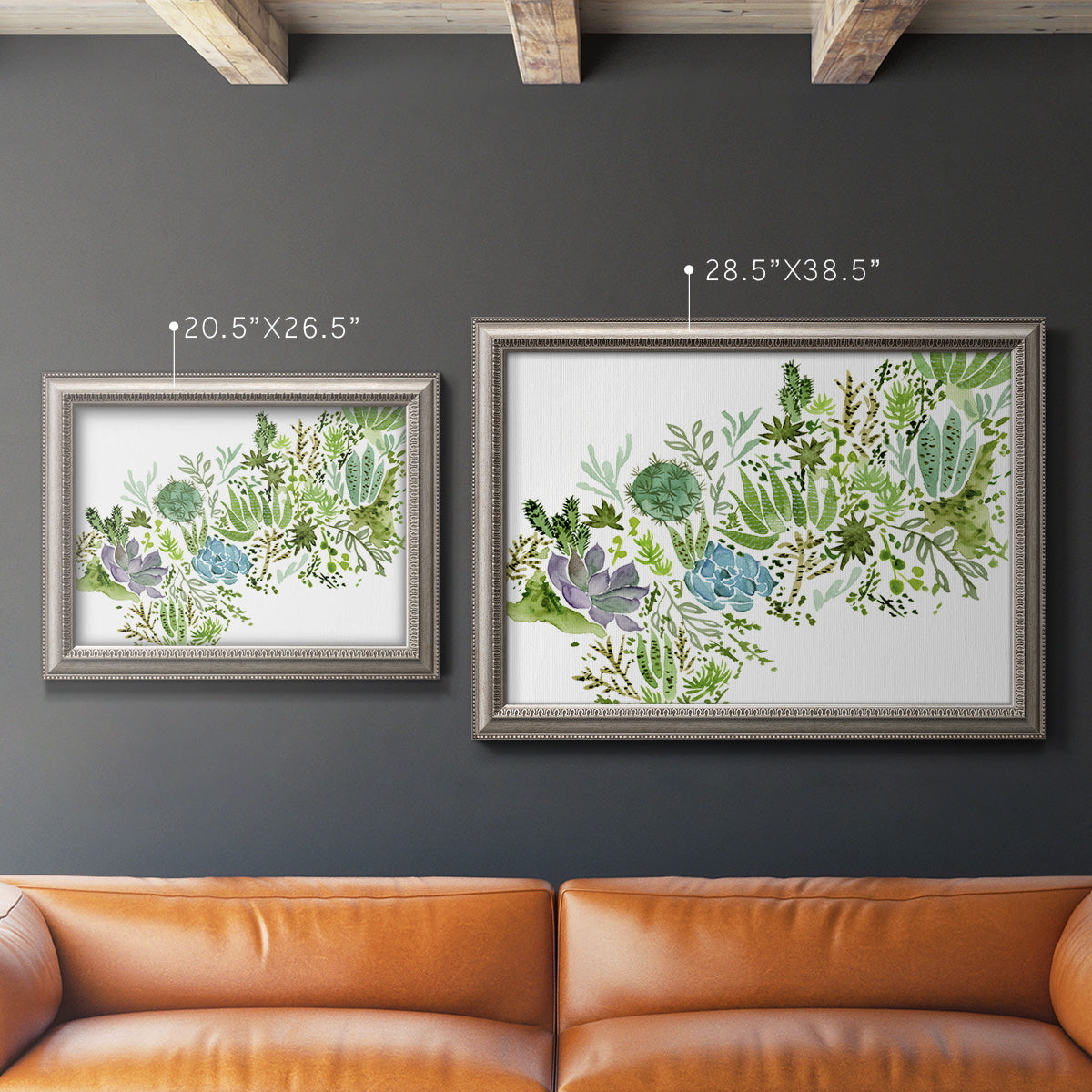 Minimalist abstract succulent botanical watercolor artwork in an ornate vintage silver frame shown in multiple size options.