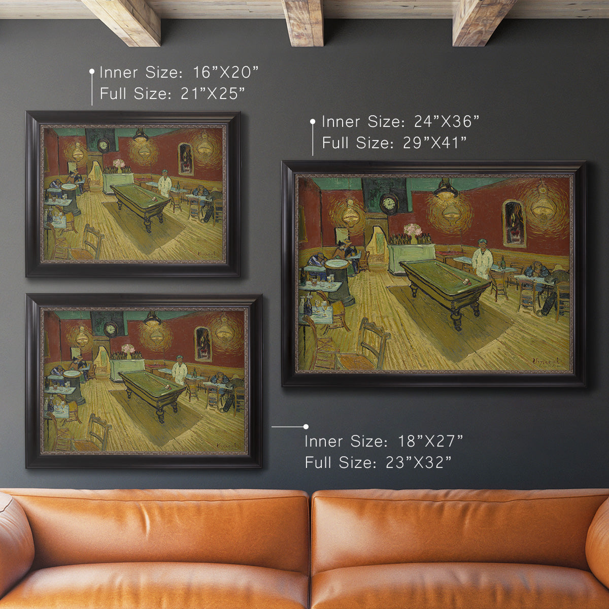 Impressionist interior of a night café by Vincent van Gogh in an ornate black frame with gilded inner detail shown in multiple size options.