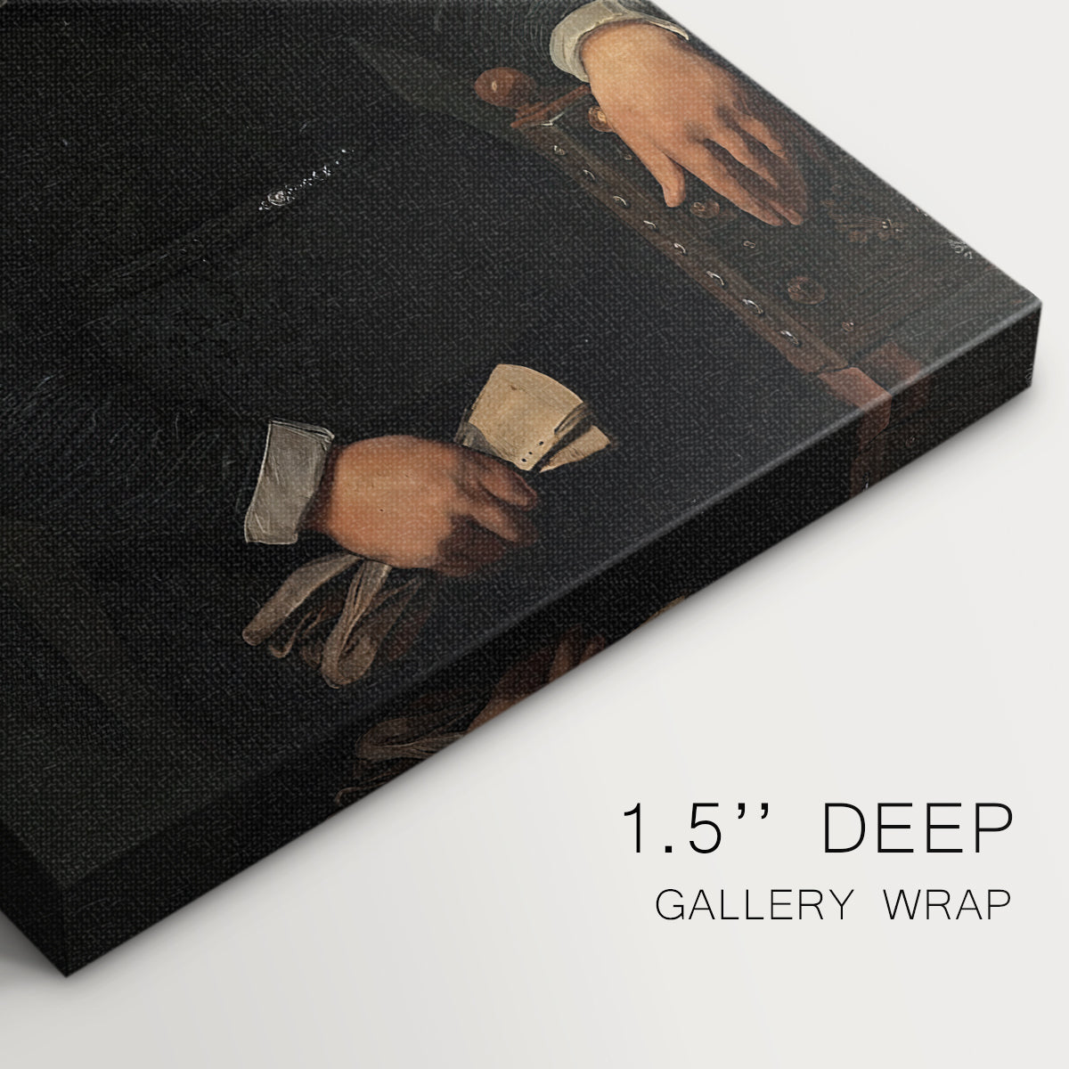 Close-up of a gallery-wrapped canvas corner showing a refined portrait with rich tones and dignified presence, highlighting texture and print detail.