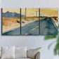 Three-panel canvas wall art featuring empty highway stretching through landscape, displayed in a living room above a sofa.