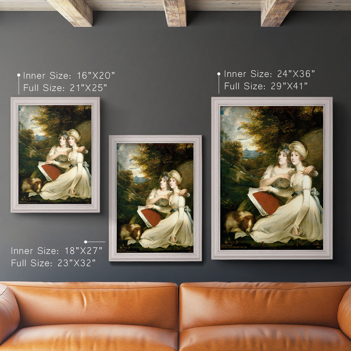 Classical portrait of the Frankland sisters by John Hoppner in an ornate weathered white frame shown in multiple vertical size options.