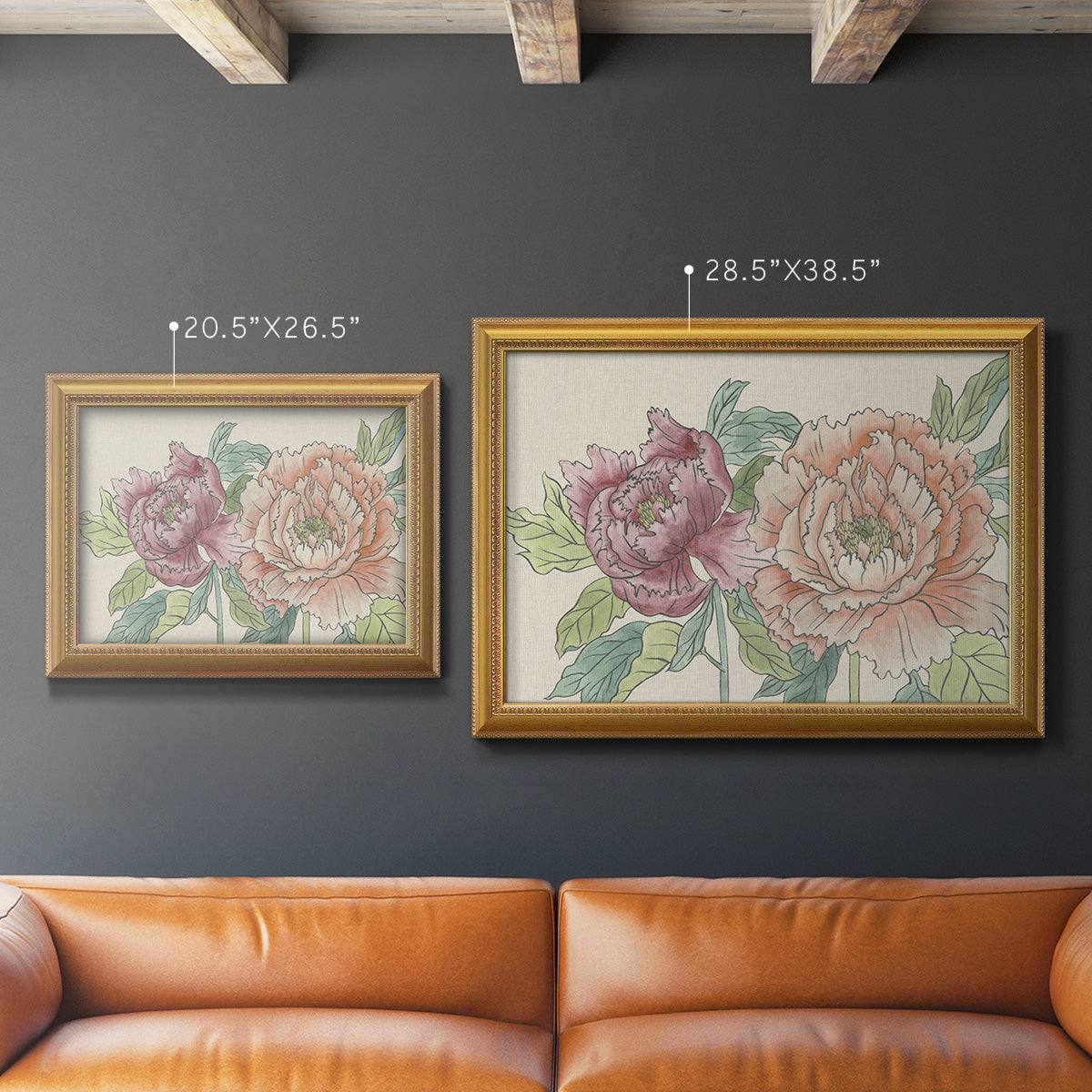 Modern peony floral drawing in an ornate antique gold frame shown in multiple size options.