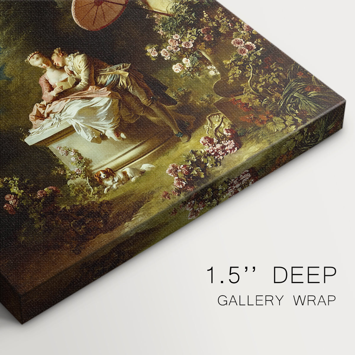 Close-up of a gallery-wrapped canvas corner showing a light composition with greenery and elegant figures, highlighting texture and print detail.