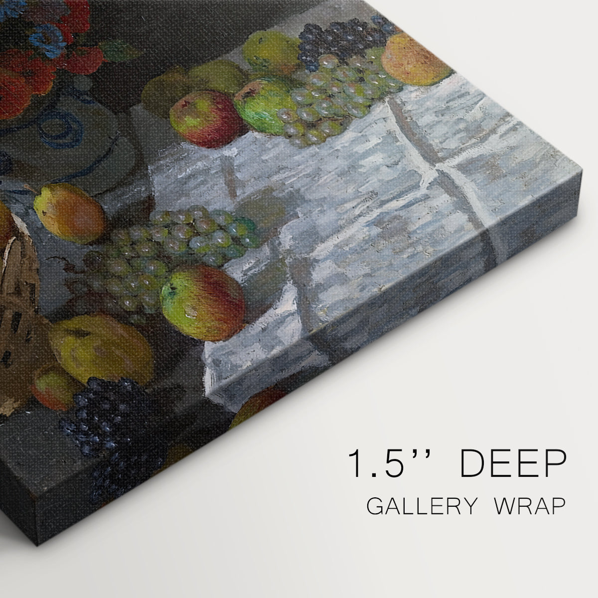 Close-up of a gallery-wrapped canvas corner showing a balanced arrangement with soft color blending and organic forms, highlighting texture and print detail.