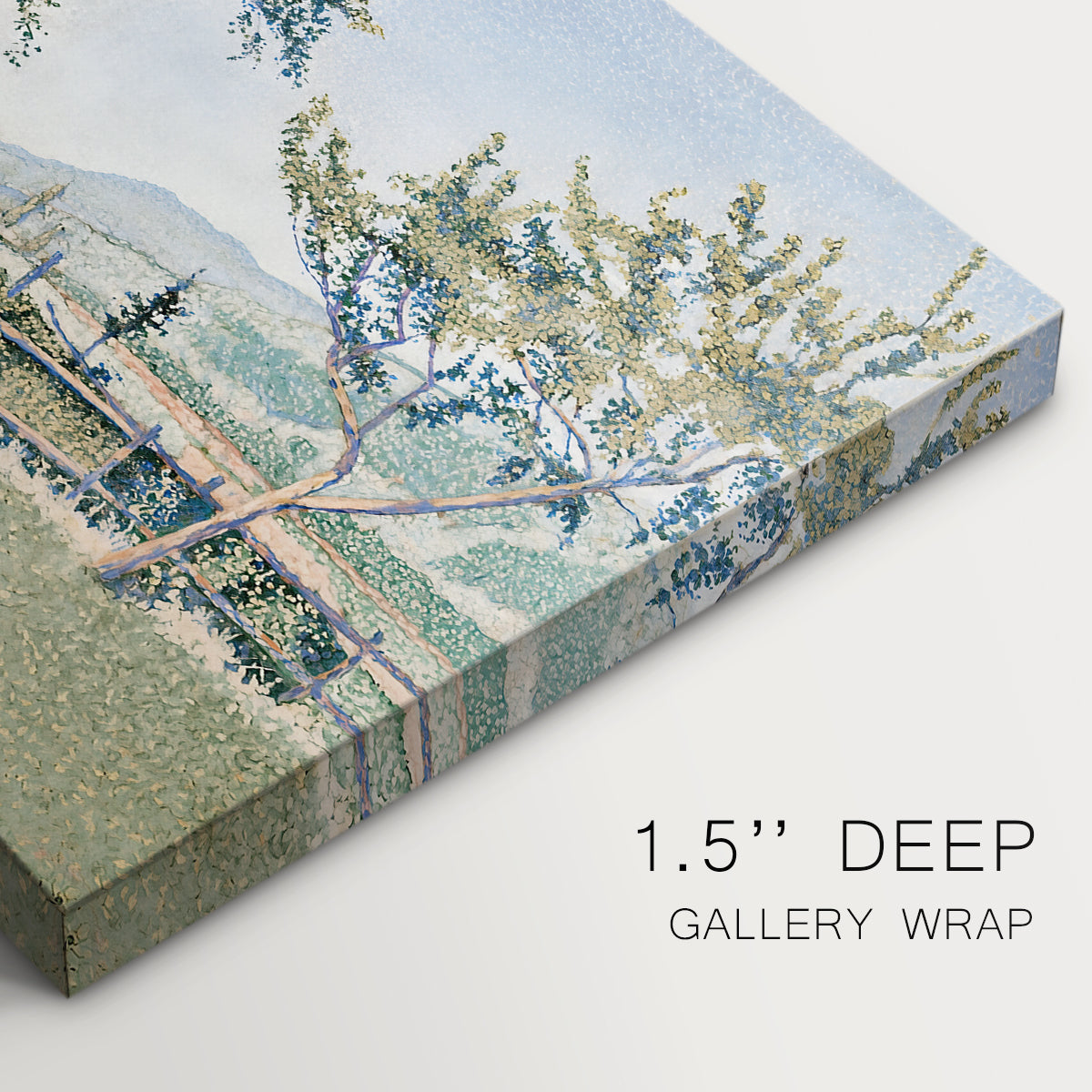 Canvas art print of a village with meadow and buildings in soft dotted color, highlighting texture and gallery-wrapped edges
