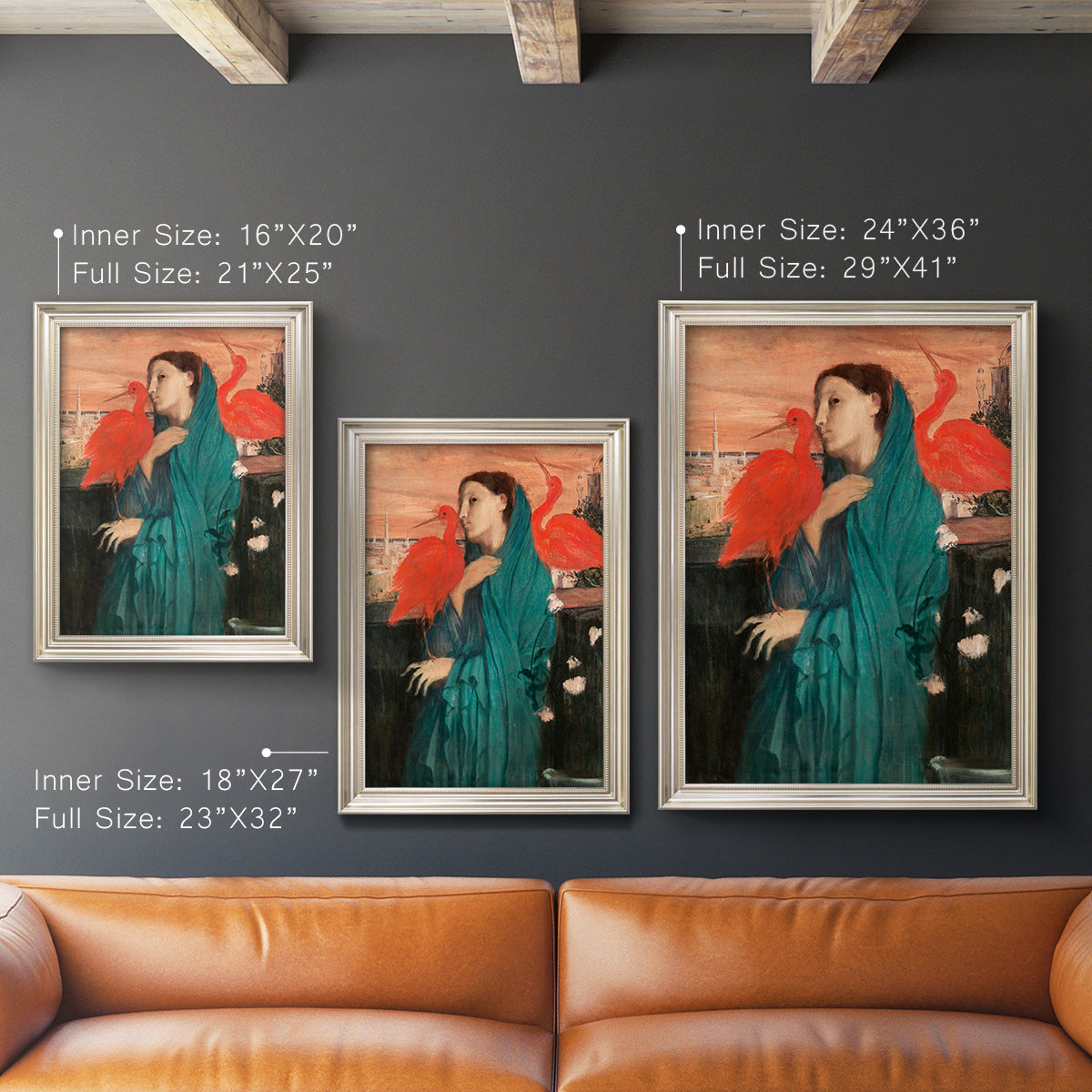 Impressionist portrait of a young woman with an ibis by Edgar Degas in an ornate champagne frame shown in multiple vertical size options.