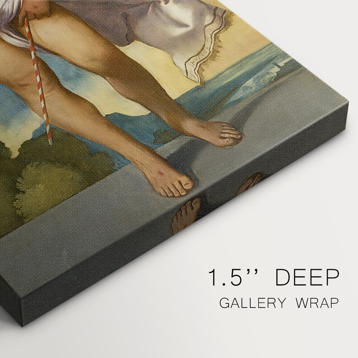 Close-up of a gallery-wrapped canvas corner showing a refined scene with gentle shading, highlighting texture and print detail.