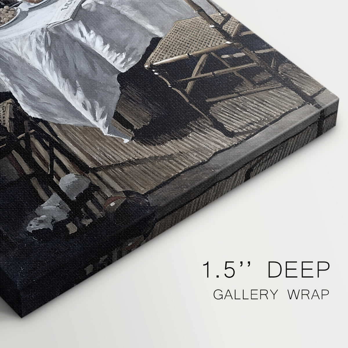 Close-up of a gallery-wrapped canvas corner showing a warm interior with a group sharing a meal, highlighting texture and print detail.