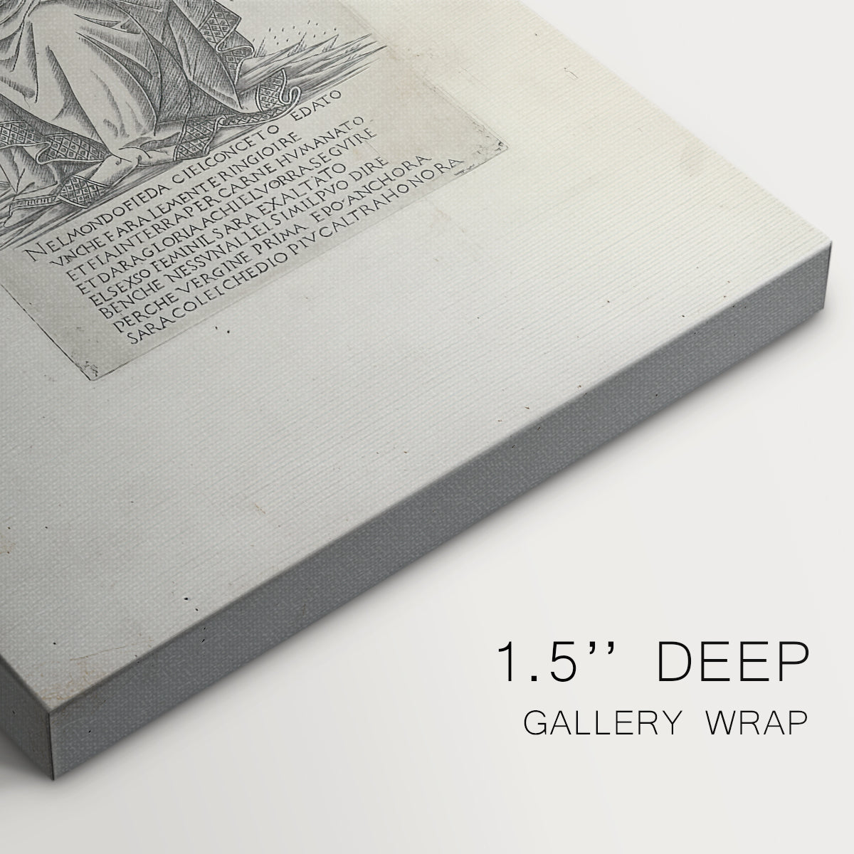 Close-up of a gallery-wrapped canvas corner showing a composed engraving with subtle decorative elements, highlighting texture and print detail.