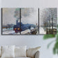 Three-panel canvas wall art featuring steam train in snowy landscape, displayed in a living room above a sofa.