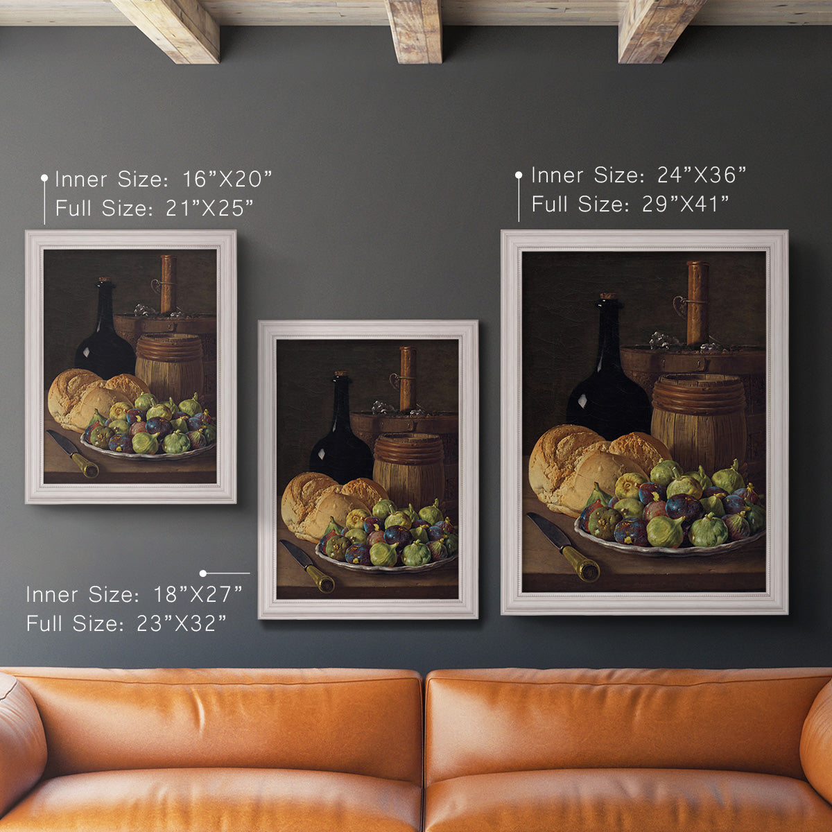 Realist still life with figs and bread by Luis Meléndez in an ornate weathered white frame shown in multiple vertical size options.