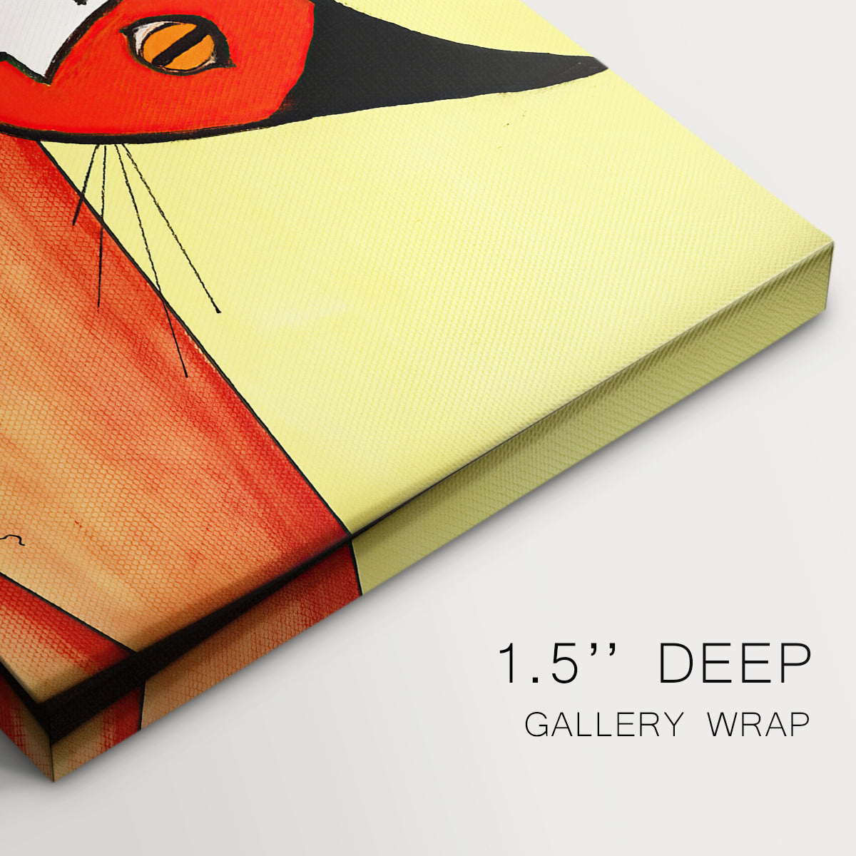 Canvas art print of a stylized cat face composed of bold geometric shapes, highlighting texture and gallery-wrapped edges