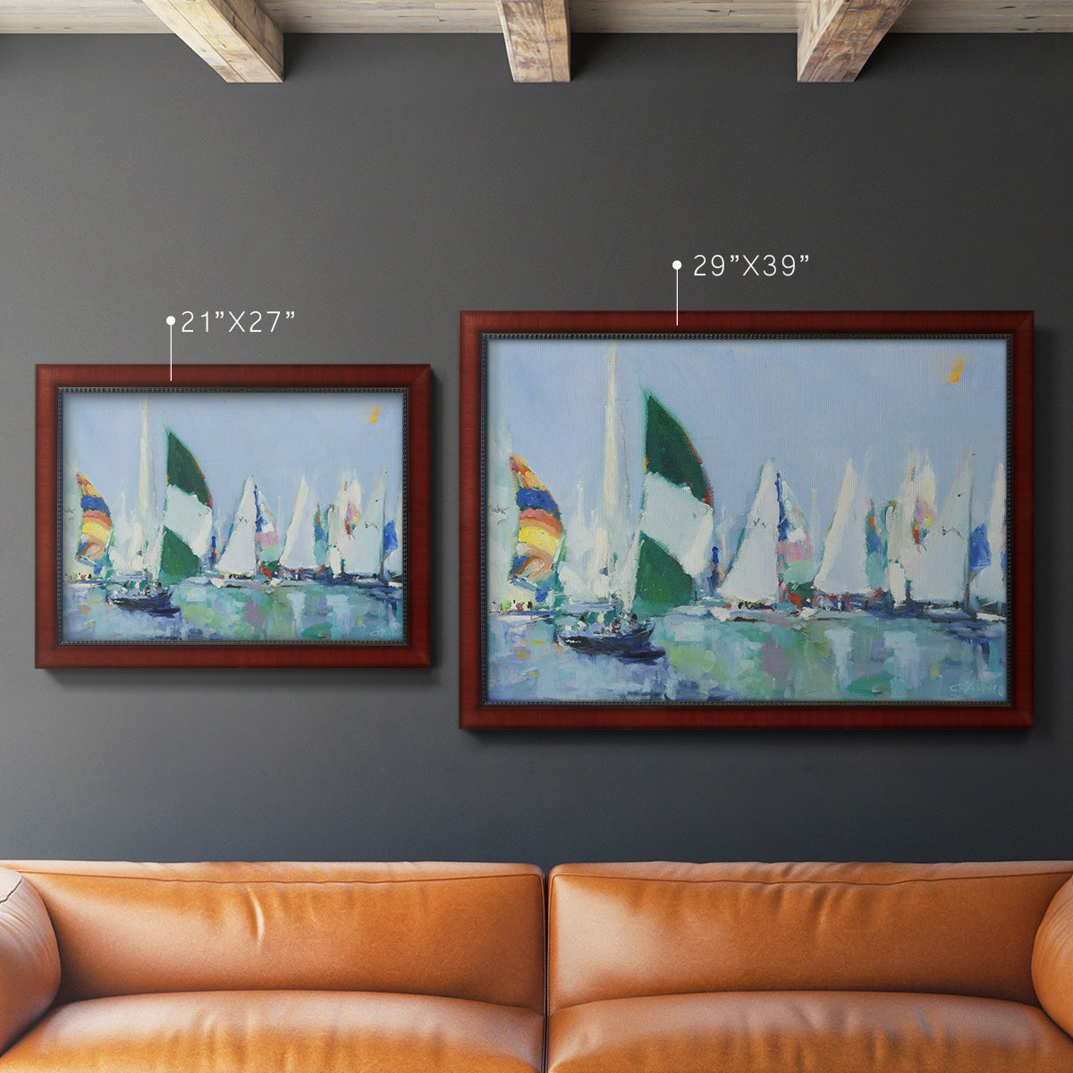 Coastal harbor watercolor painting in an ornate cherry burl wood frame shown in multiple size options.