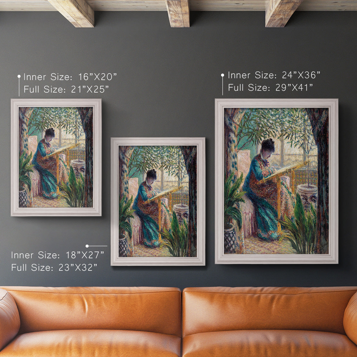 Impressionist portrait of Madame Monet sewing by Claude Monet in an ornate weathered white frame shown in multiple vertical size options.