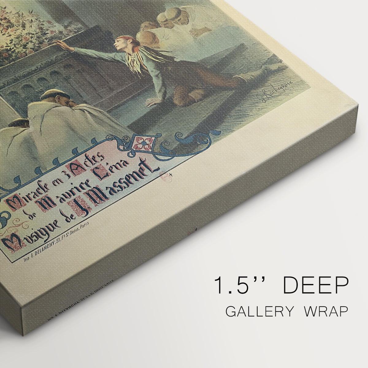 Close-up of a gallery-wrapped canvas corner showing a decorative composition with figure and text elements, highlighting texture and print detail.