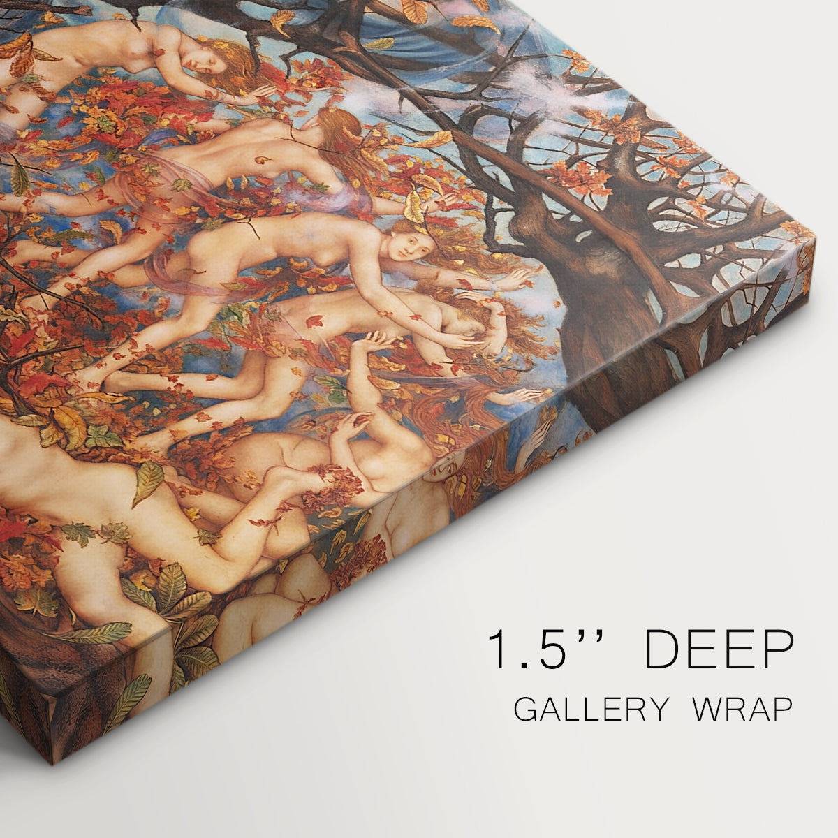 Canvas art print of swirling figures carried by wind among falling leaves in dynamic composition, highlighting texture and gallery-wrapped edges