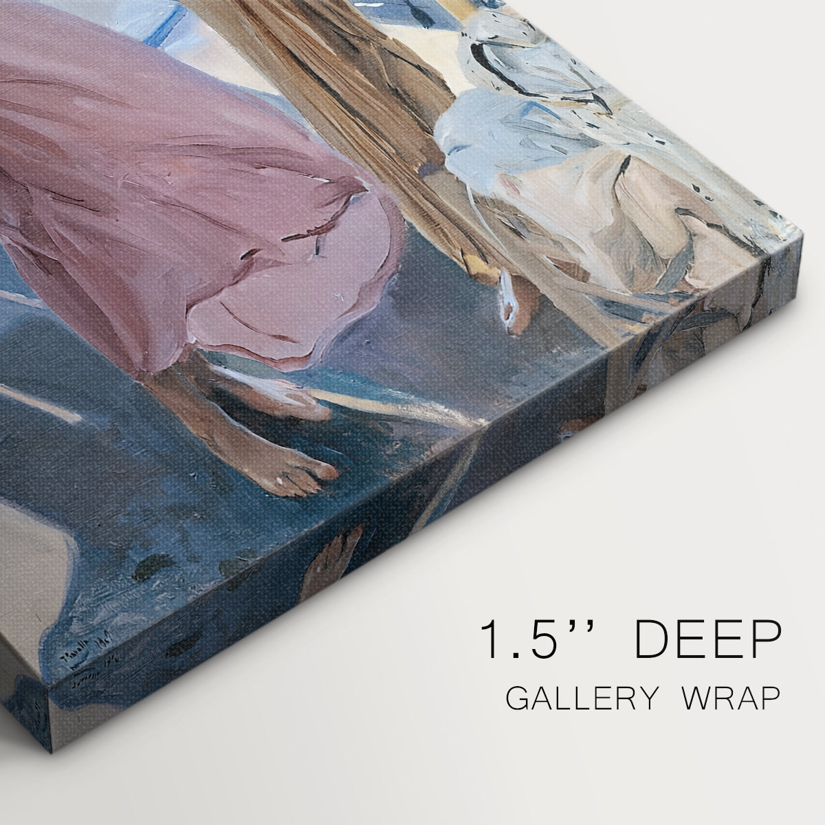 Close-up of a gallery-wrapped canvas corner showing a calm scene with soft texture and warmth, highlighting texture and print detail.