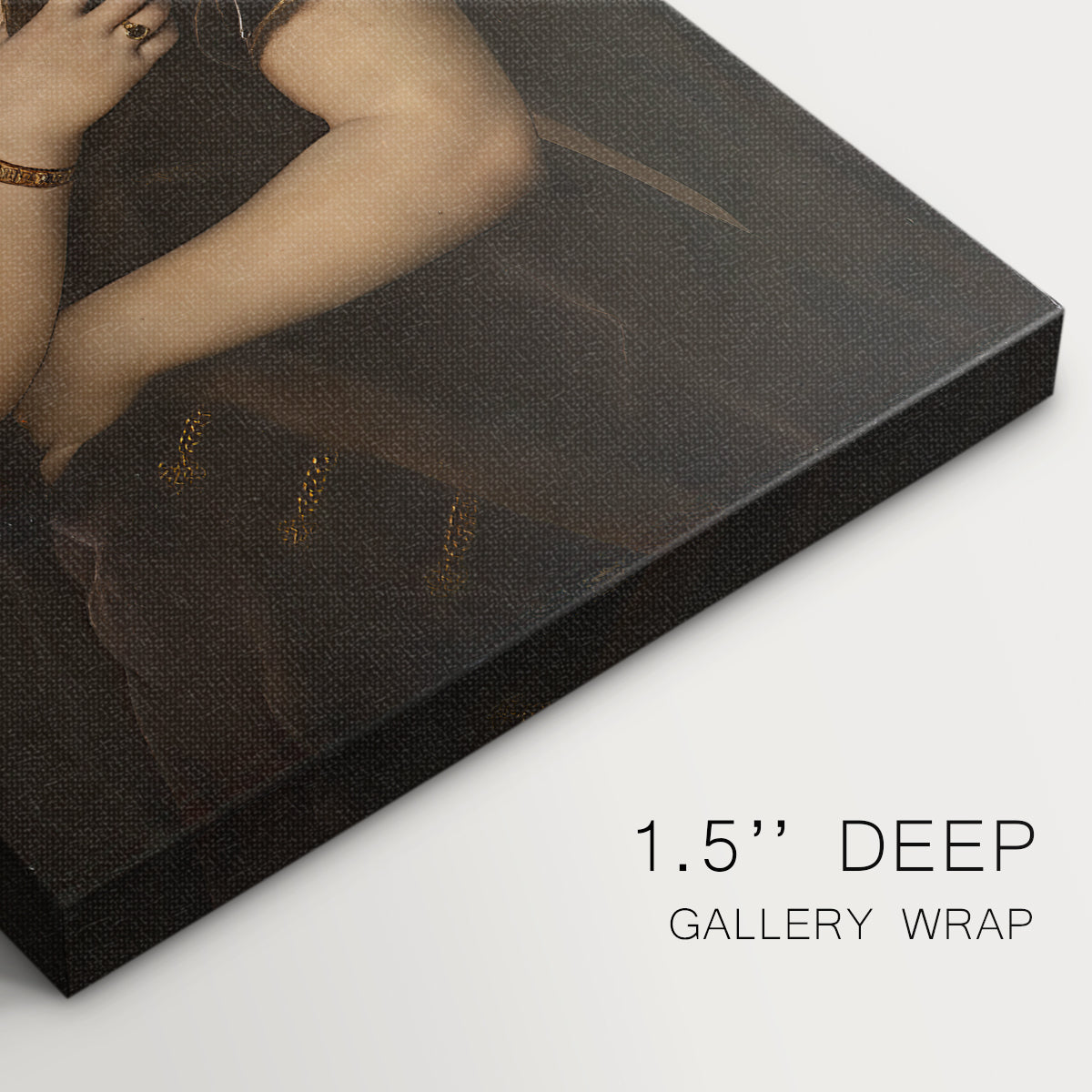 Close-up of a gallery-wrapped canvas corner showing a classic image with subtle detail and depth, highlighting texture and print detail.