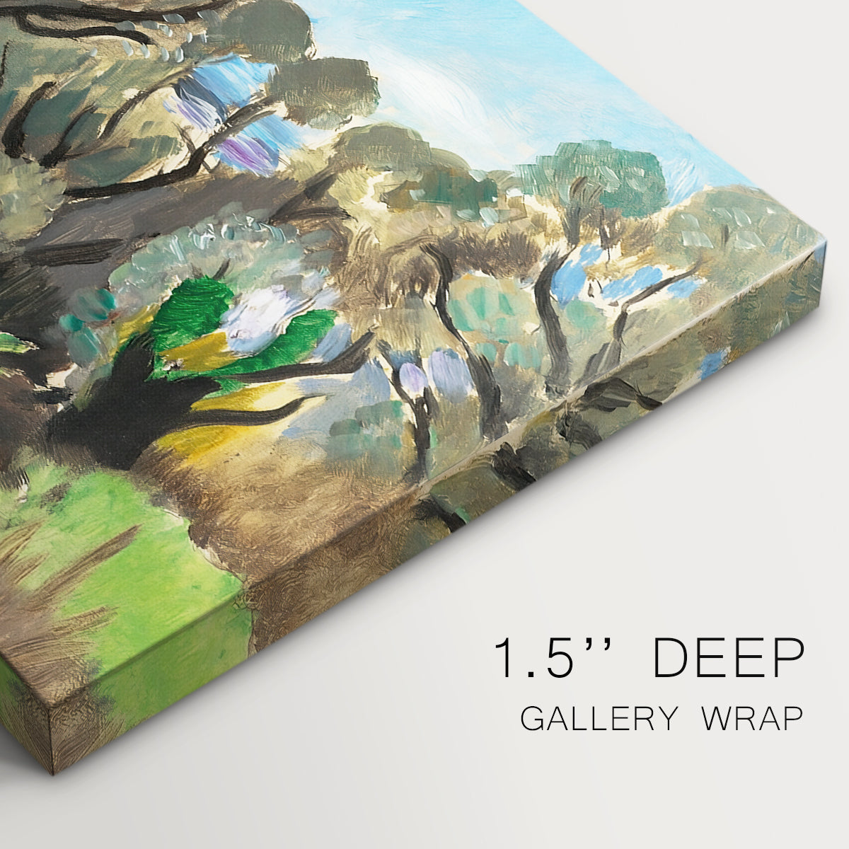 Canvas art print of a rolling landscape with trees and open sky in bright natural colors, highlighting texture and gallery-wrapped edges