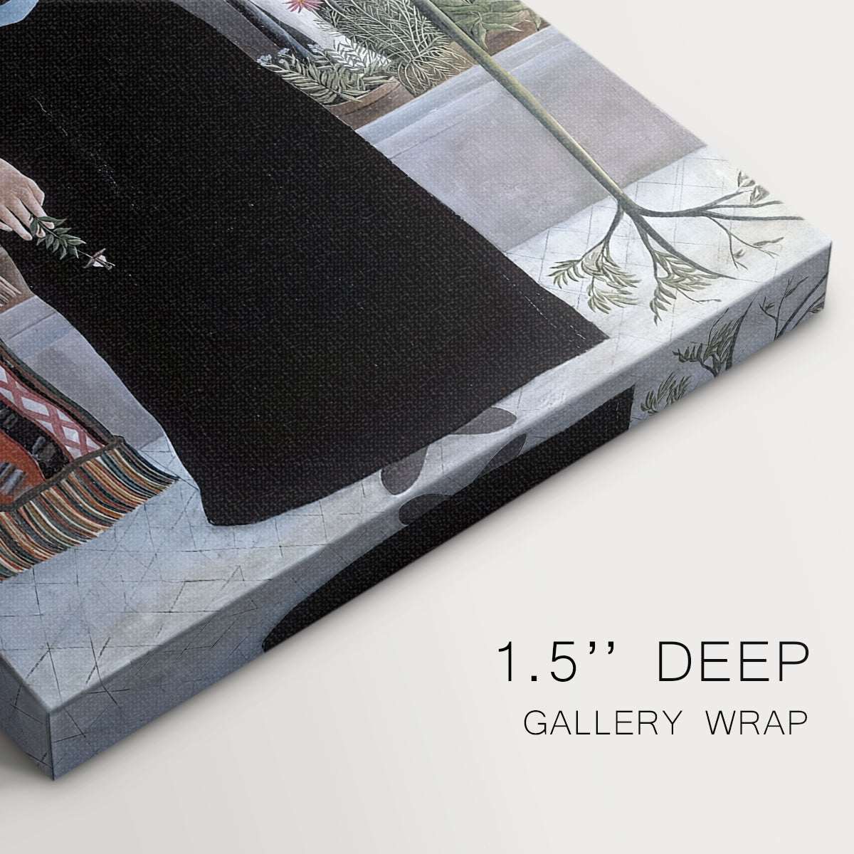 Close-up of a gallery-wrapped canvas corner showing a composed figure with clean outlines and muted palette, highlighting texture and print detail.