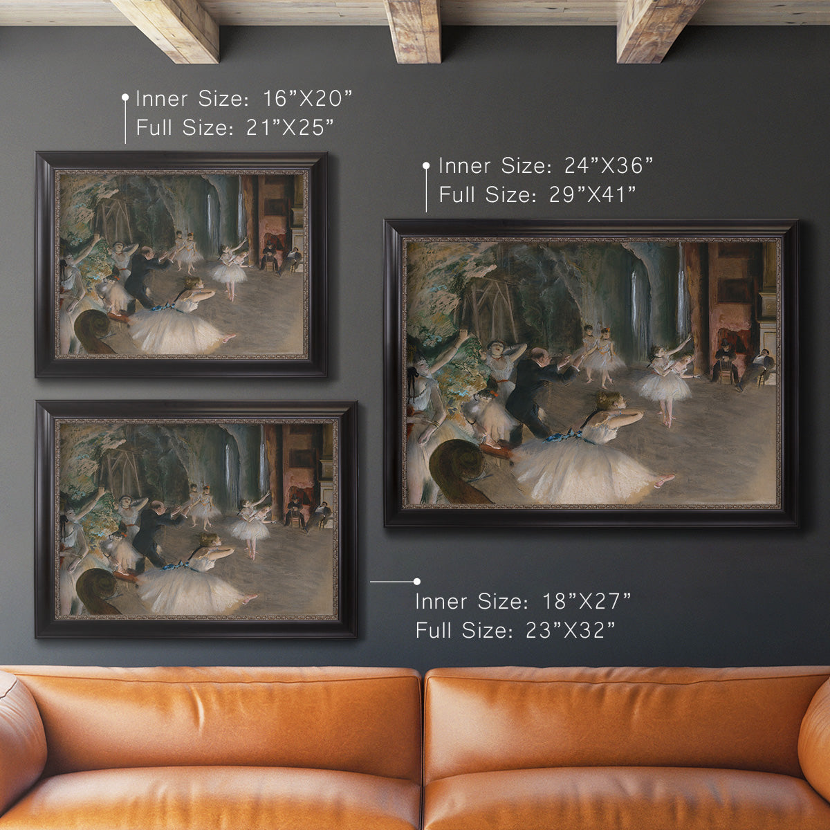 Impressionist backstage ballet scene by Edgar Degas in an ornate black frame with gilded inner detail shown in multiple size options.