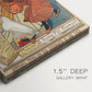 Close-up of a gallery-wrapped canvas corner showing a classic poster combining portrait and product branding elements, highlighting texture and print detail.