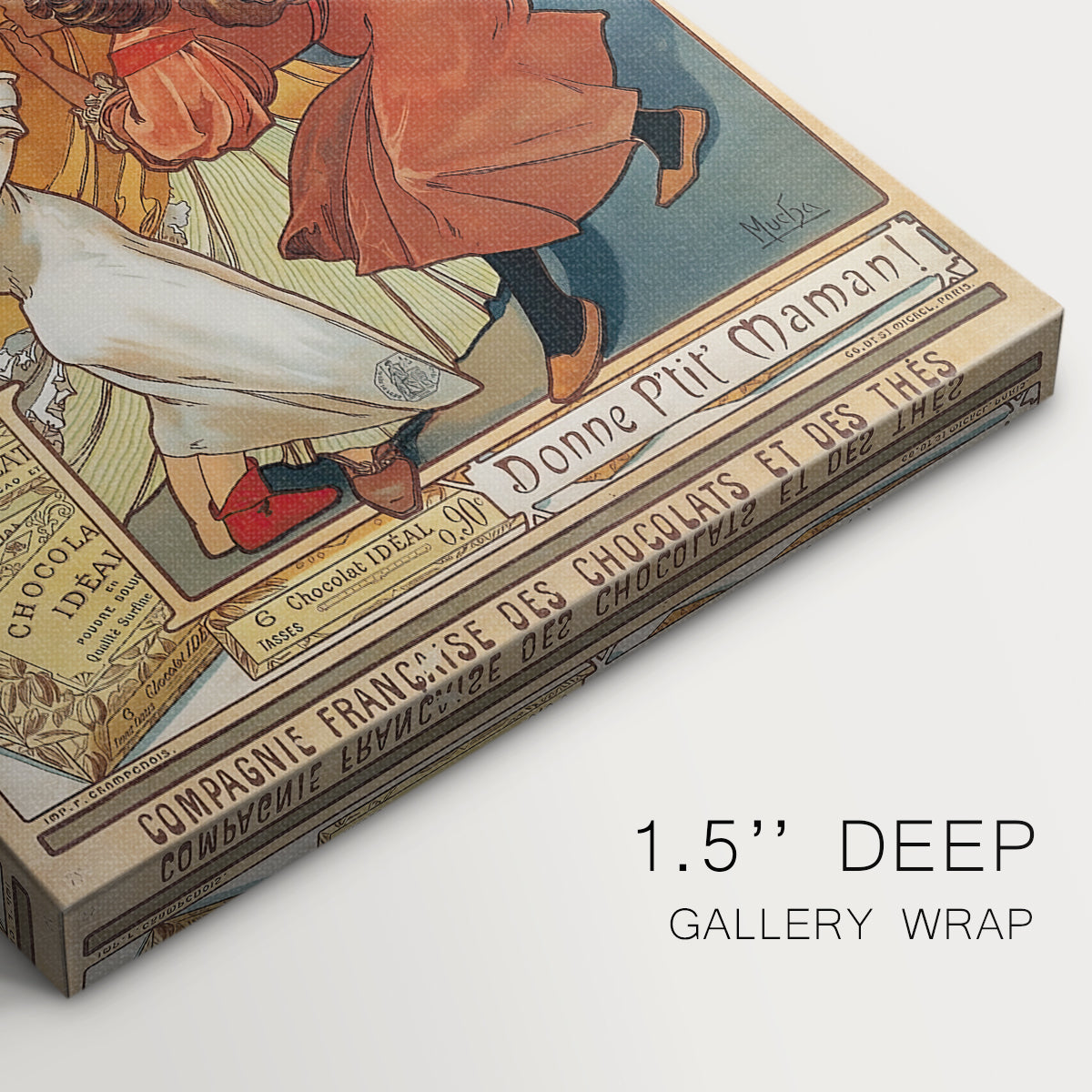 Close-up of a gallery-wrapped canvas corner showing a classic poster combining portrait and product branding elements, highlighting texture and print detail.