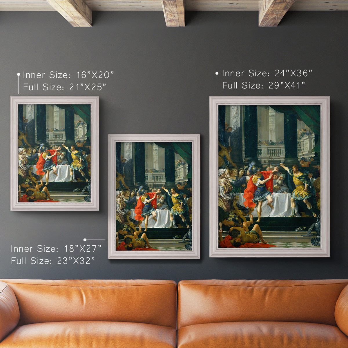 Classical historical painting of Alexander the Great by Donato Creti in an ornate weathered white frame shown in multiple vertical size options.