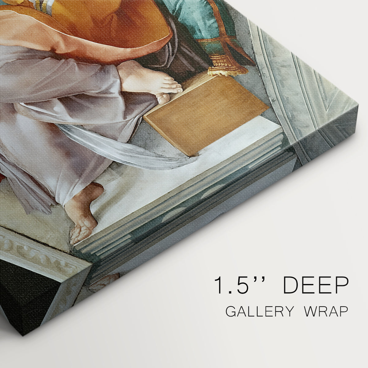 Close-up of a gallery-wrapped canvas corner showing a refined figure with movement and balanced structure, highlighting texture and print detail.