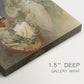 Close-up of a gallery-wrapped canvas corner showing a vintage illustration with botanical elements and serene mood, highlighting texture and print detail.