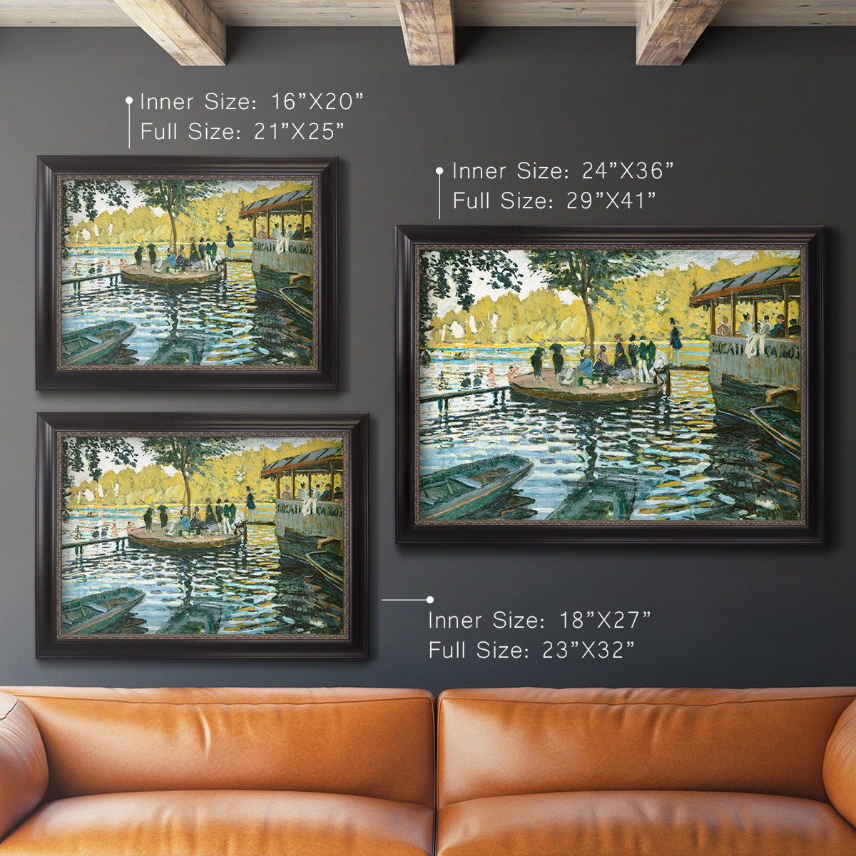 Impressionist riverside leisure scene by Claude Monet in an ornate black frame with gilded inner detail shown in multiple size options.