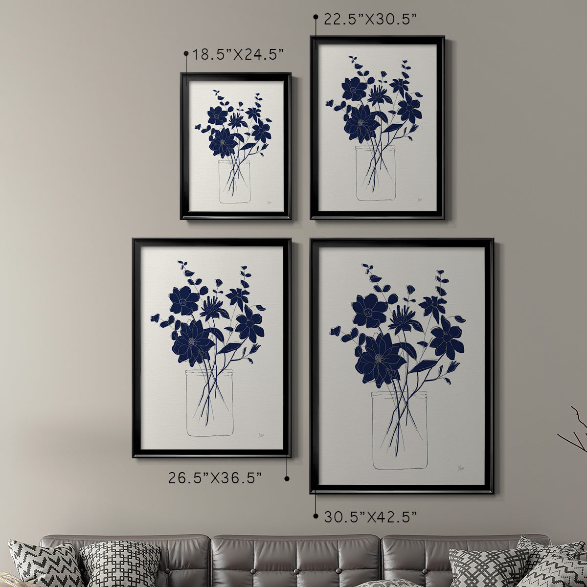 Indigo Sketch Bouquet II - Modern Framed Canvas Print