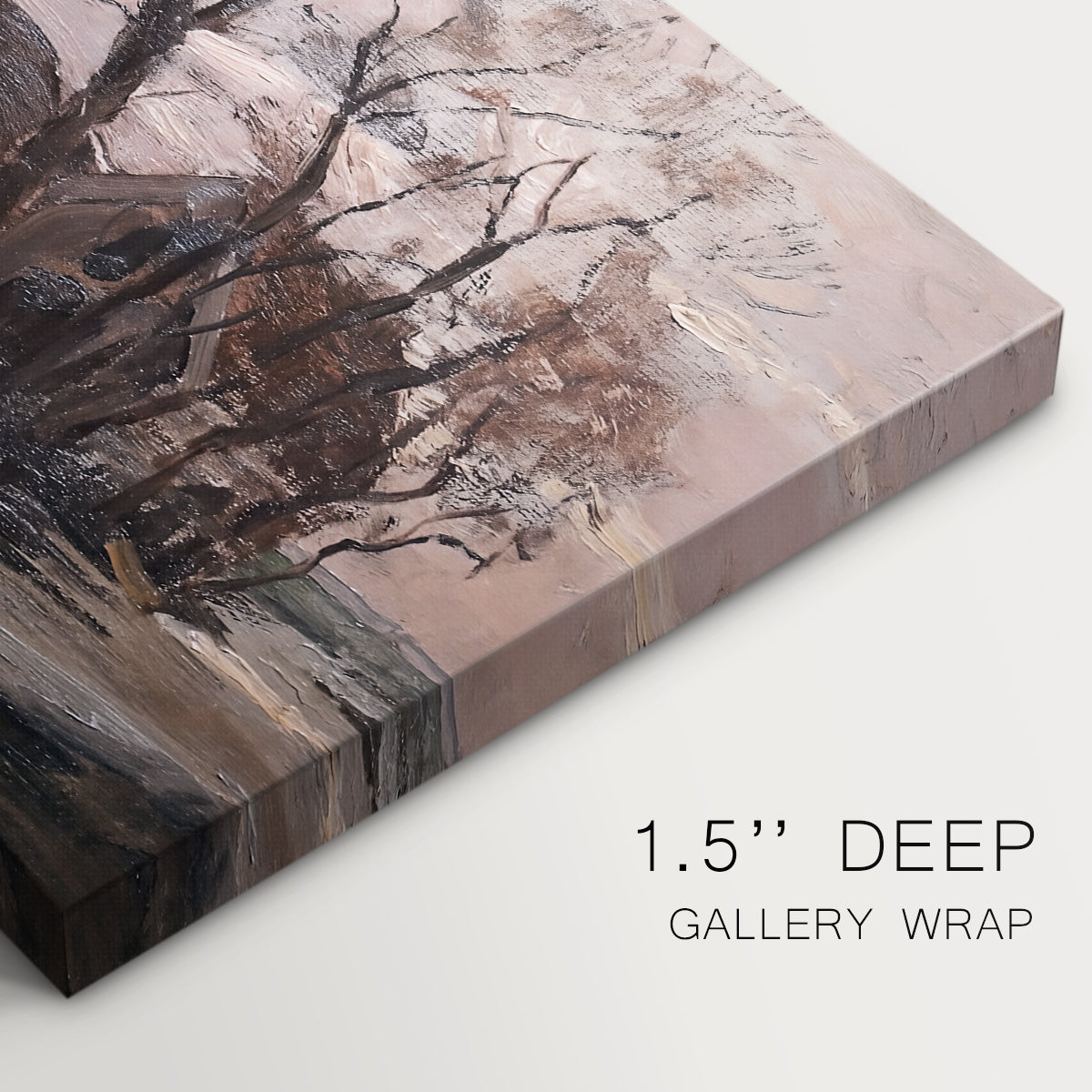 Canvas art print of a farmhouse and trees in muted evening landscape, highlighting texture and gallery-wrapped edges