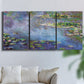 Three-panel canvas wall art featuring water lilies emerging through mist, displayed in a living room above a sofa.