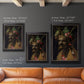 Surreal allegorical portrait representing the four seasons by Giuseppe Arcimboldo in an ornate black frame with gilded inner detail shown in multiple vertical size options.