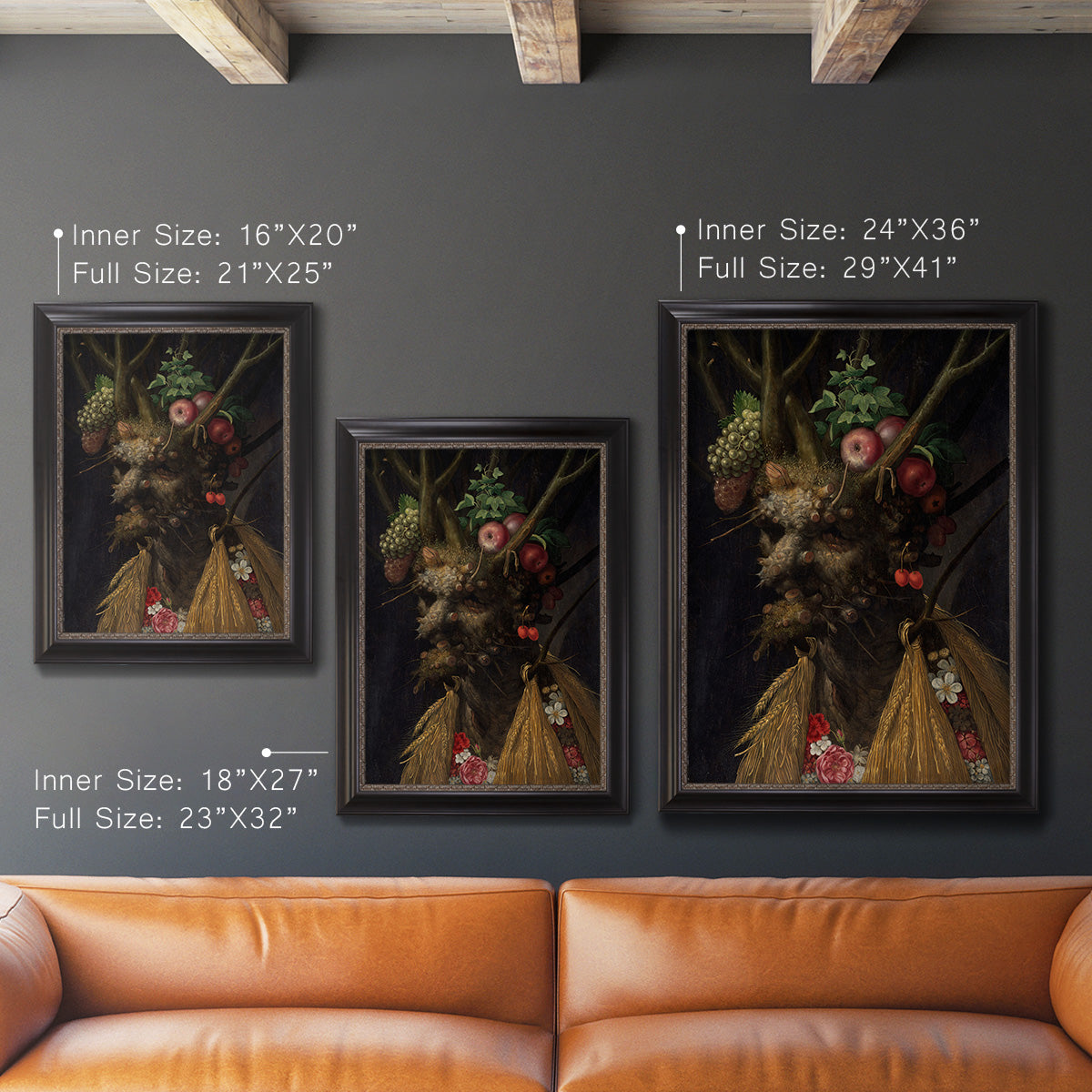 Surreal allegorical portrait representing the four seasons by Giuseppe Arcimboldo in an ornate black frame with gilded inner detail shown in multiple vertical size options.