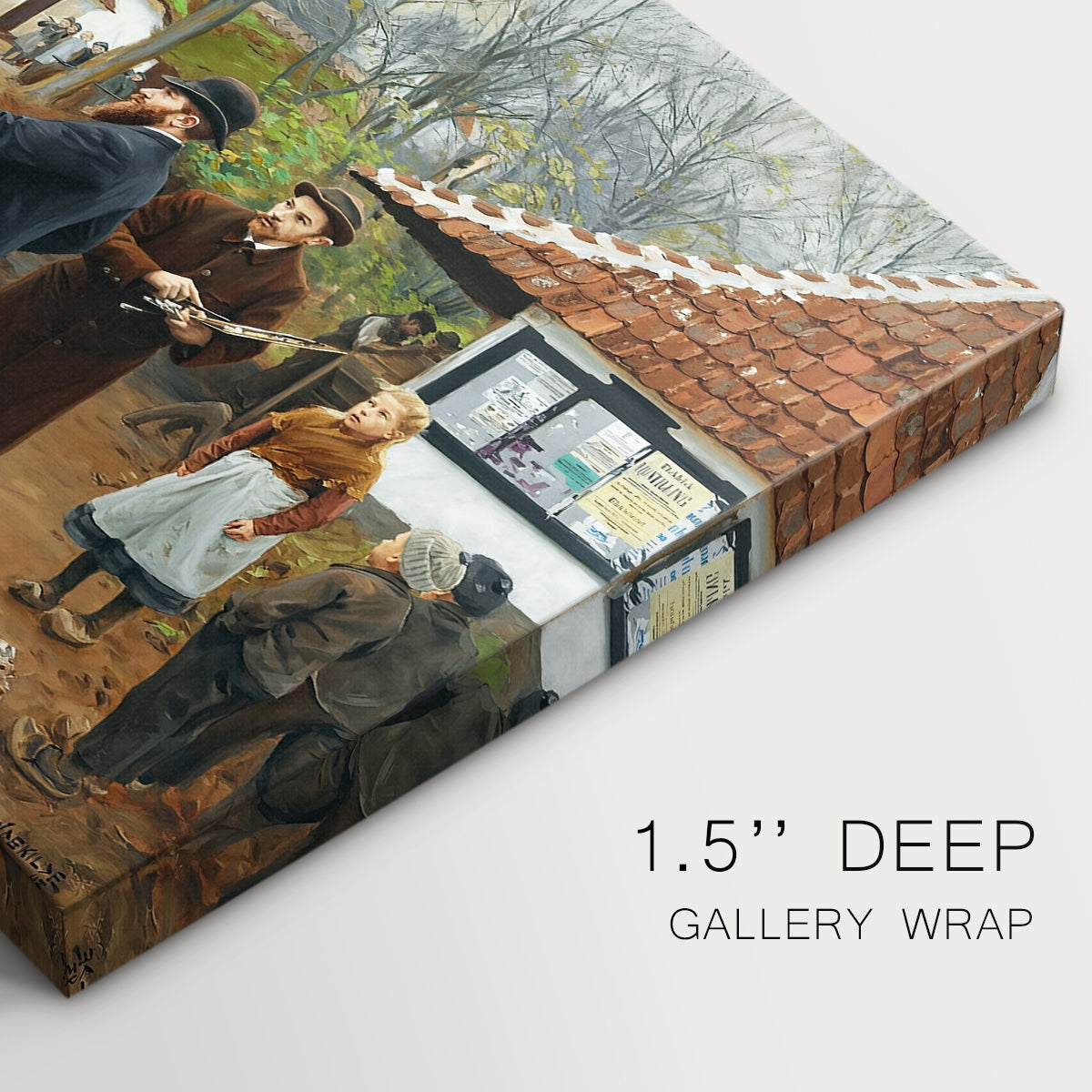 Canvas art print of a group of people gathered outdoors near buildings in rural village, highlighting texture and gallery-wrapped edges