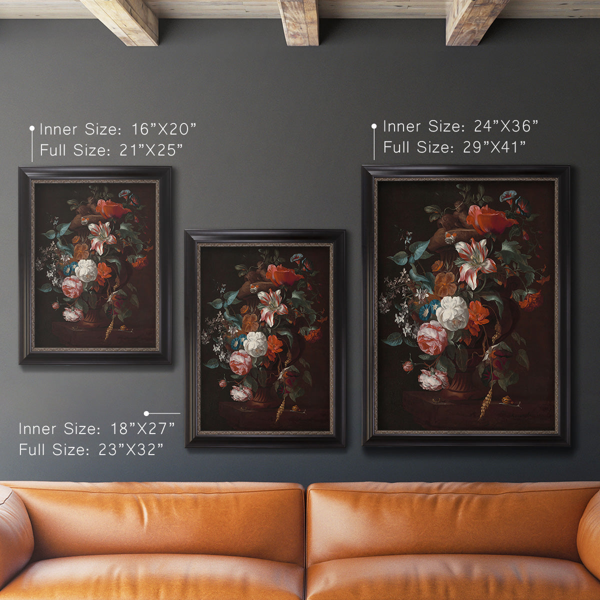 Classical floral still life painting by Jan van Huysum in an ornate black frame with gilded inner detail shown in multiple vertical size options.