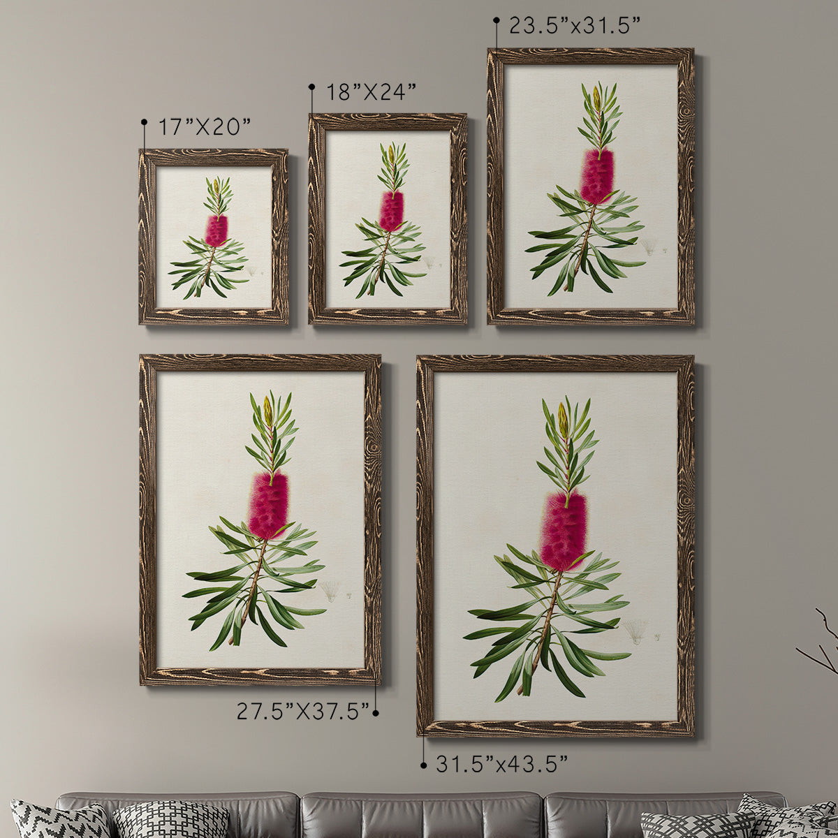 Size comparison chart for a set of two walnut barnwood framed canvas prints.